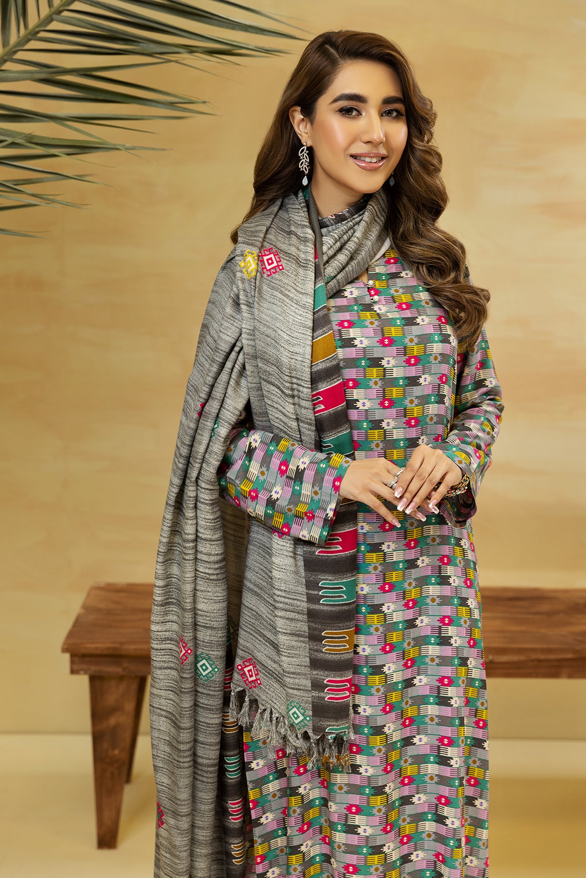 PDW22-31-Printed Straight Shirt, Shawl & Trousers 3PC