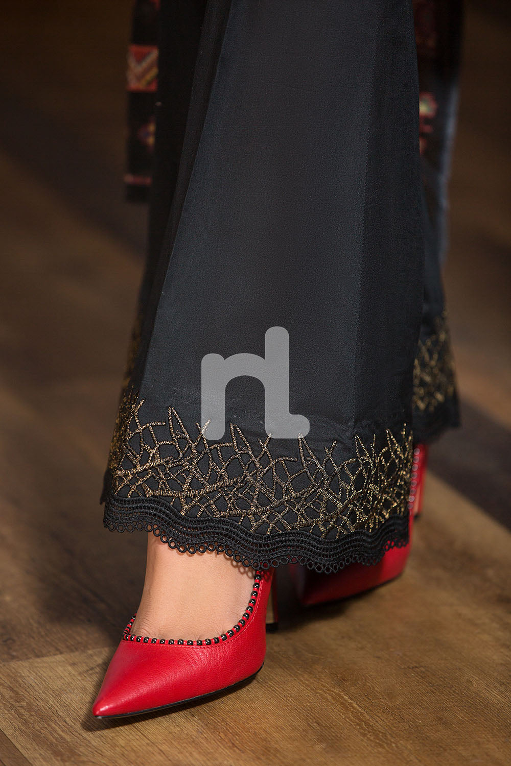 PE19-34 Black Dyed Embroidered Stitched Boot Cut Trouser - Nishat Linen UAE