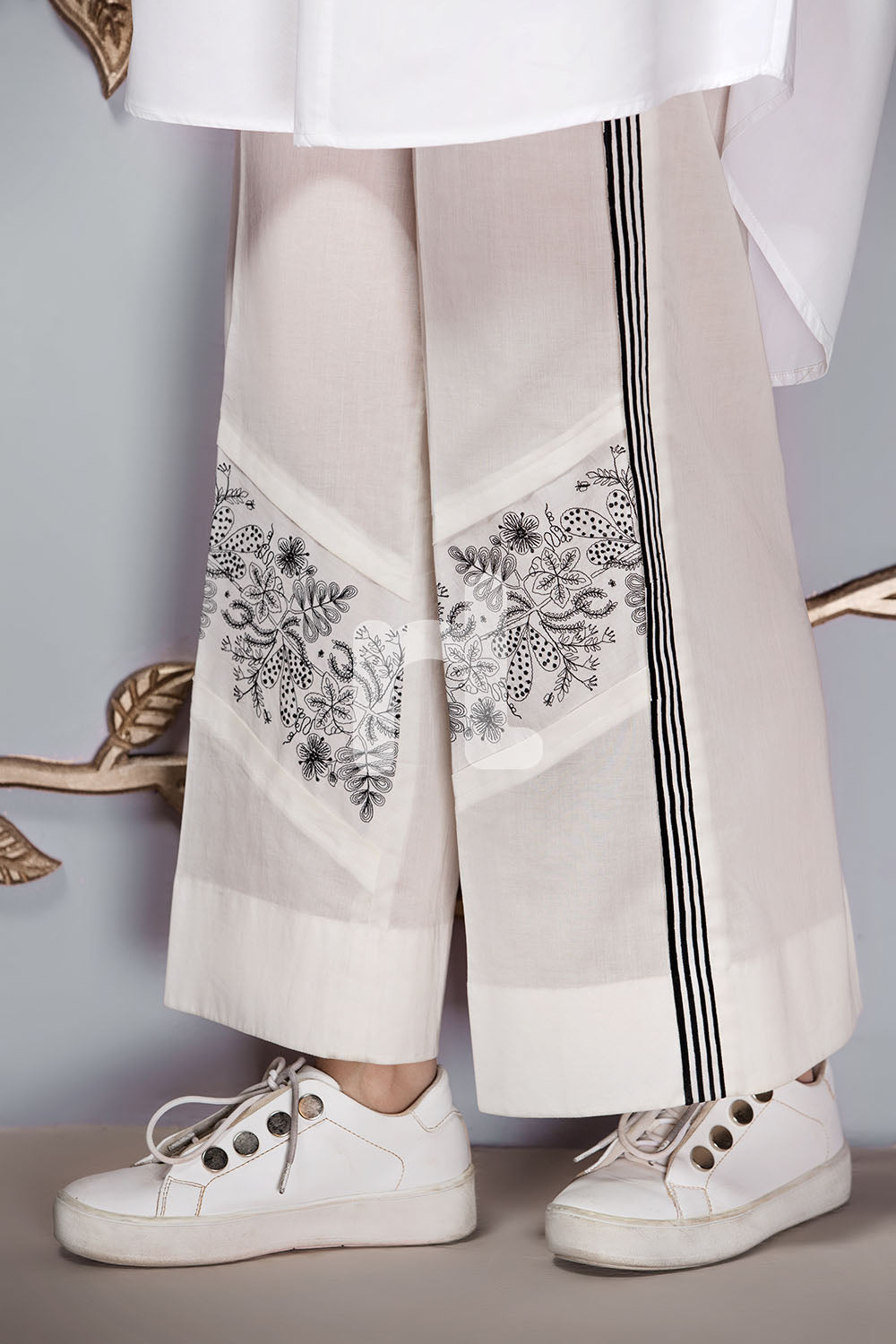 PE19- 36 White Dyed Embroidered Stitched Straight Trouser for Women - Nishat Linen UAE