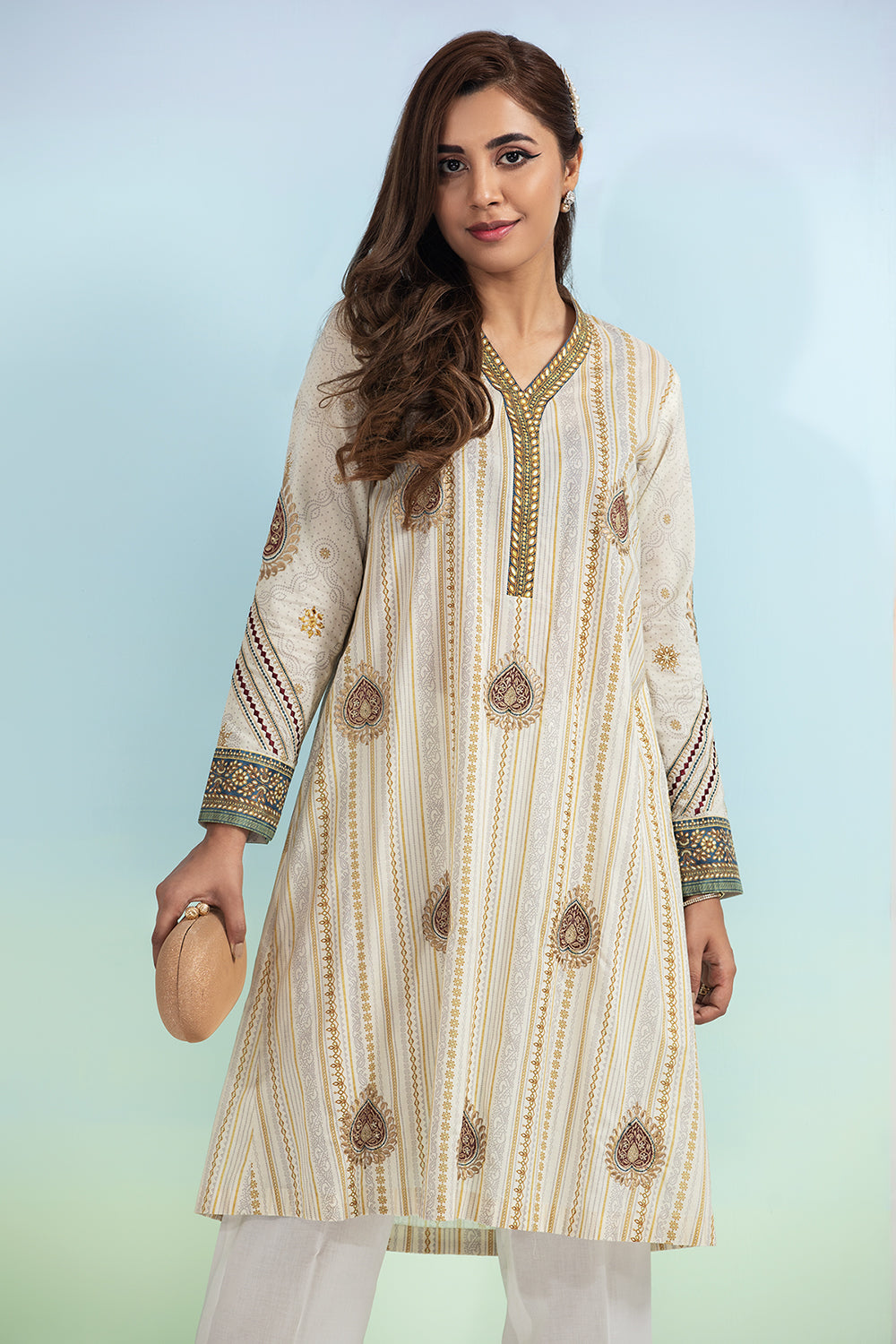 PE20-73-Long Embroidered Printed Straight Stitched Shirt -1PC
