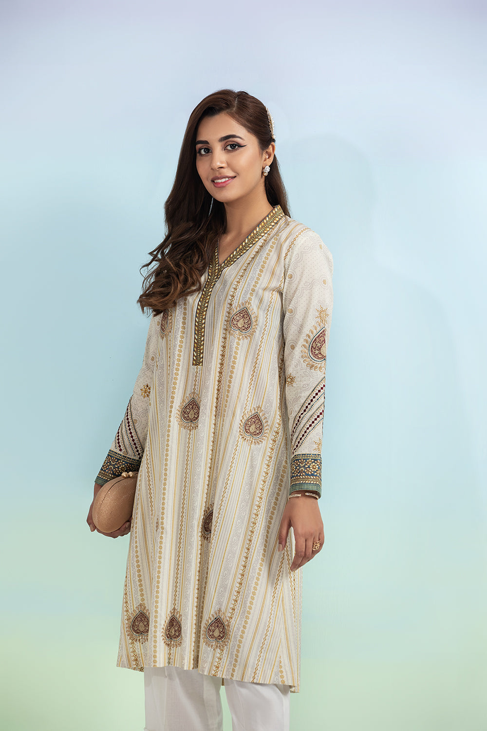 PE20-73-Long Embroidered Printed Straight Stitched Shirt -1PC