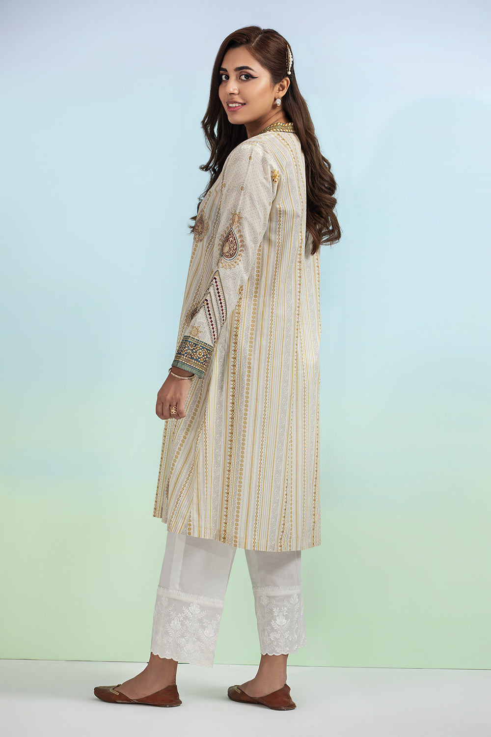 PE20-73-Long Embroidered Printed Straight Stitched Shirt -1PC