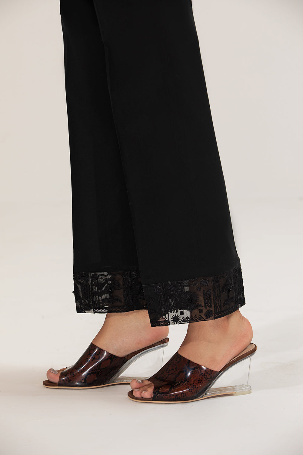 PE21-16-Loose Straight Trouser With Organza Embroidered Border On Hem And Crystal Embellishment
