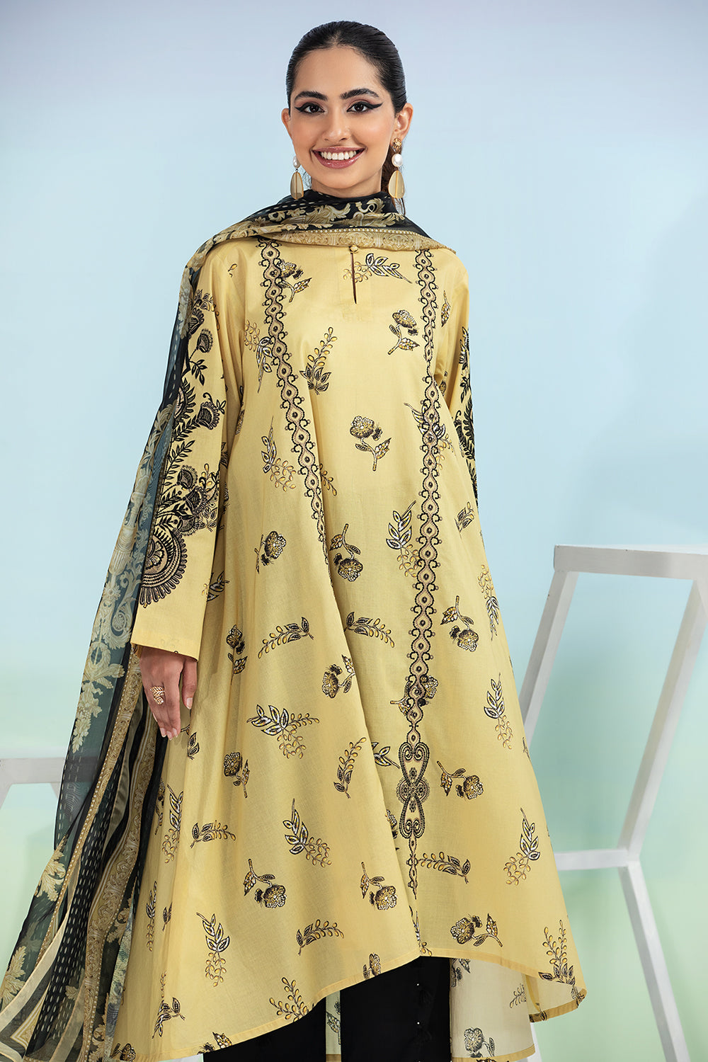 PE21-34-Flared Embroidered Stitched Shirt with Contrasting Printed Dupatta-2PC