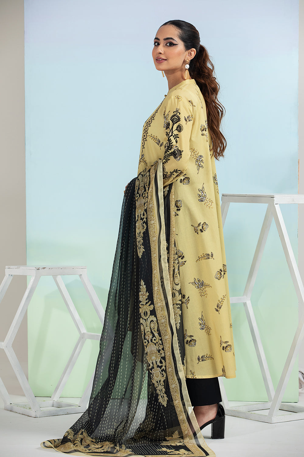 PE21-34-Flared Embroidered Stitched Shirt with Contrasting Printed Dupatta-2PC