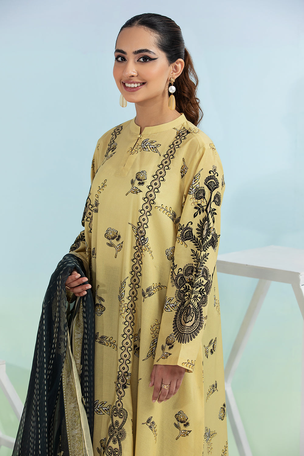 PE21-34-Flared Embroidered Stitched Shirt with Contrasting Printed Dupatta-2PC