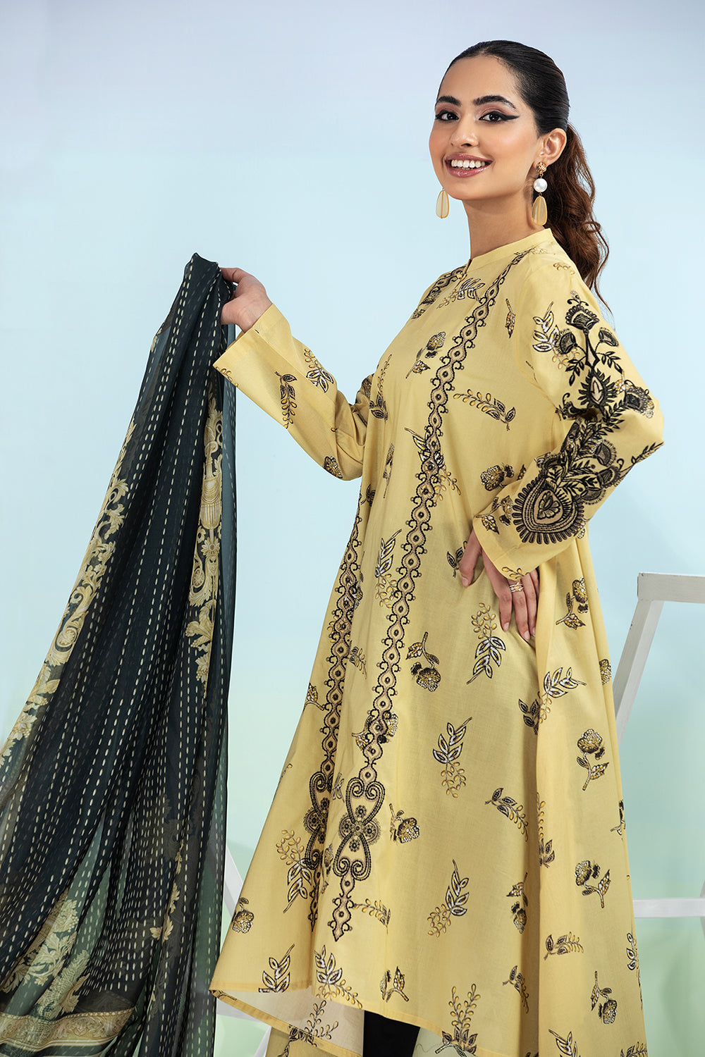 PE21-34-Flared Embroidered Stitched Shirt with Contrasting Printed Dupatta-2PC
