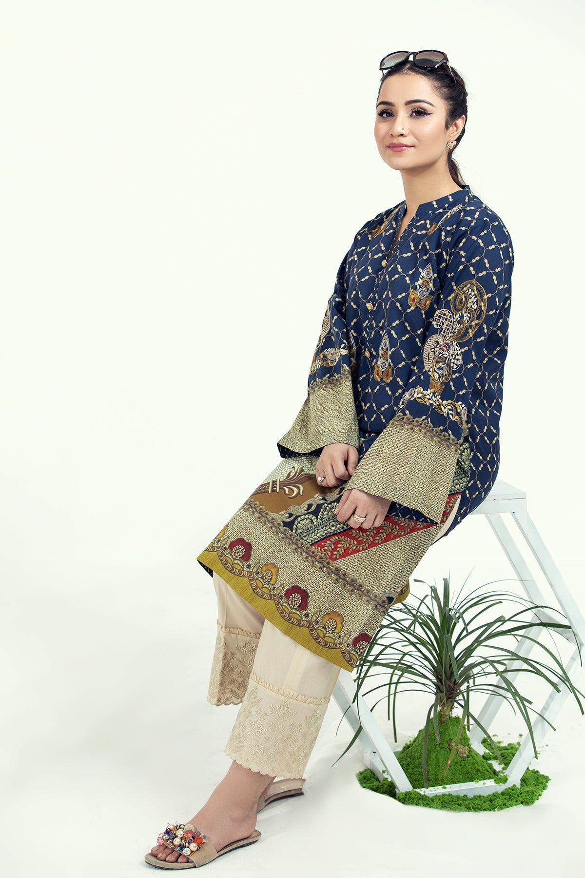 PE21-37-Embroidery & Button Detailing Classic Printed Stitched Shirt-1PC