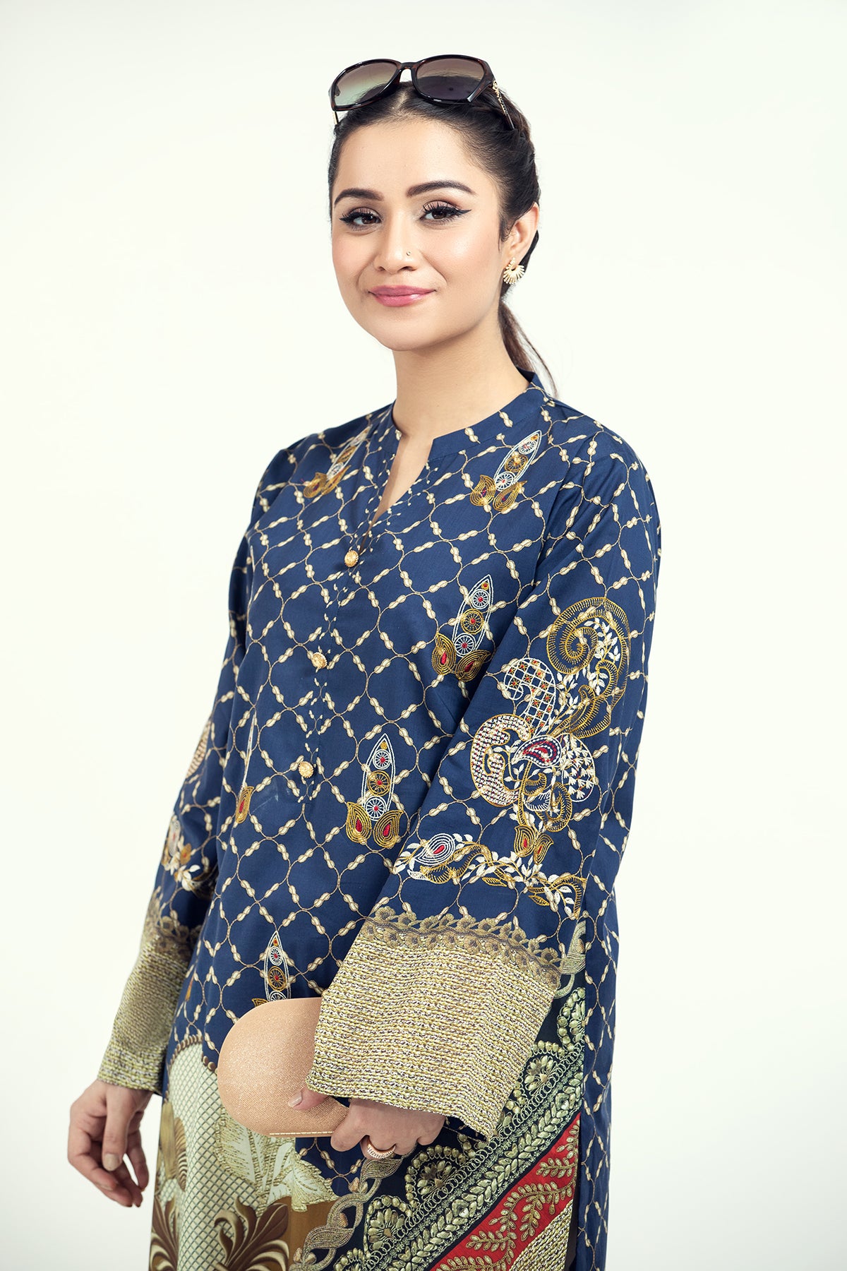 PE21-37-Embroidery & Button Detailing Classic Printed Stitched Shirt-1PC