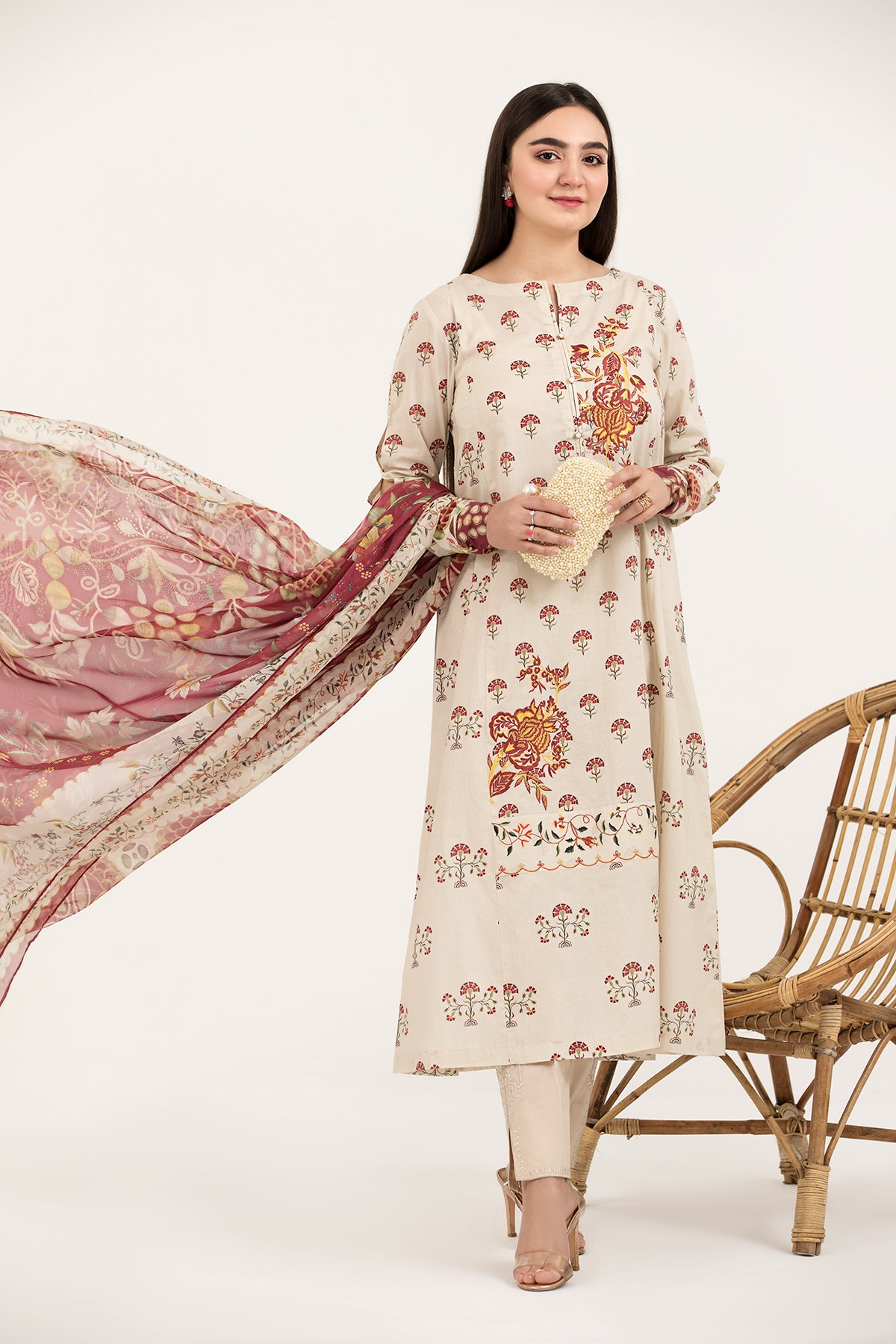 PE21-46-Mix & Match Printed Embroidered Shirt with Silk Dupatta-2PC