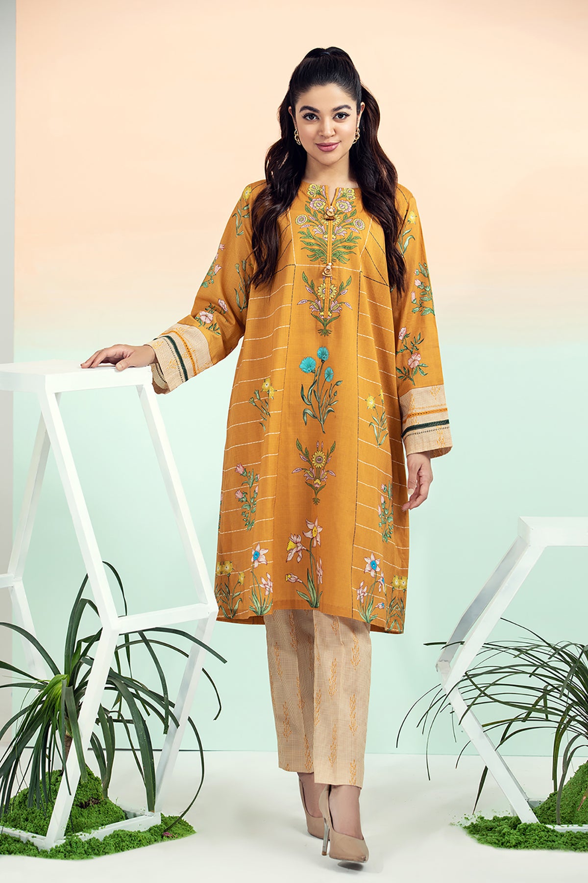 PE21-57-Tarkashi & Button Detailing Printed Stitched Shirt with Straight Fitted Trouser-2PC