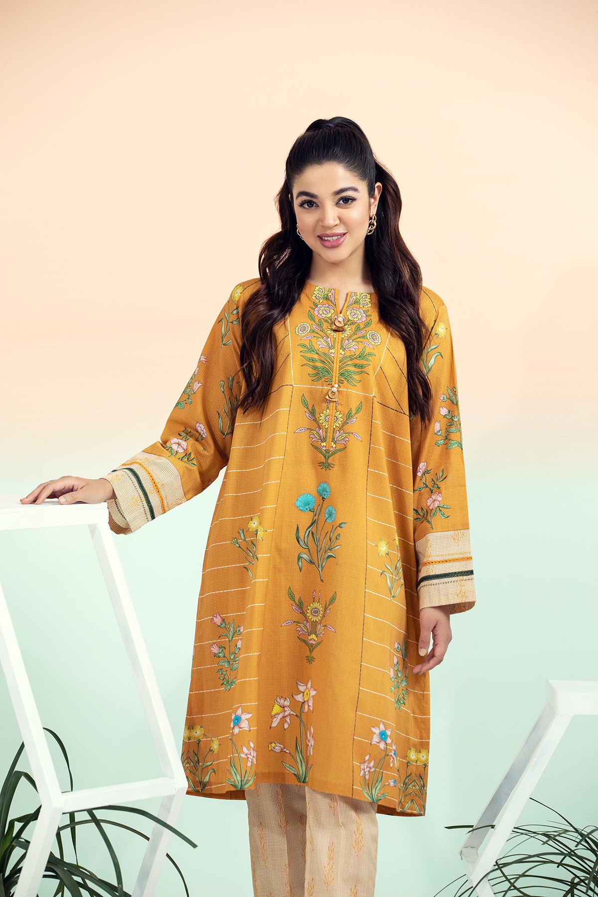 PE21-57-Tarkashi & Button Detailing Printed Stitched Shirt with Straight Fitted Trouser-2PC