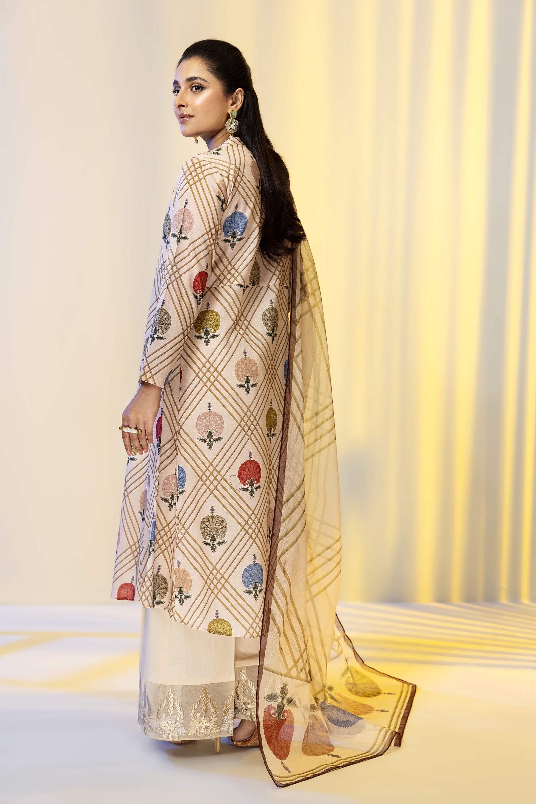 PE22-110-A-Line Panneled Printed Shirt with Dupatta 2PC