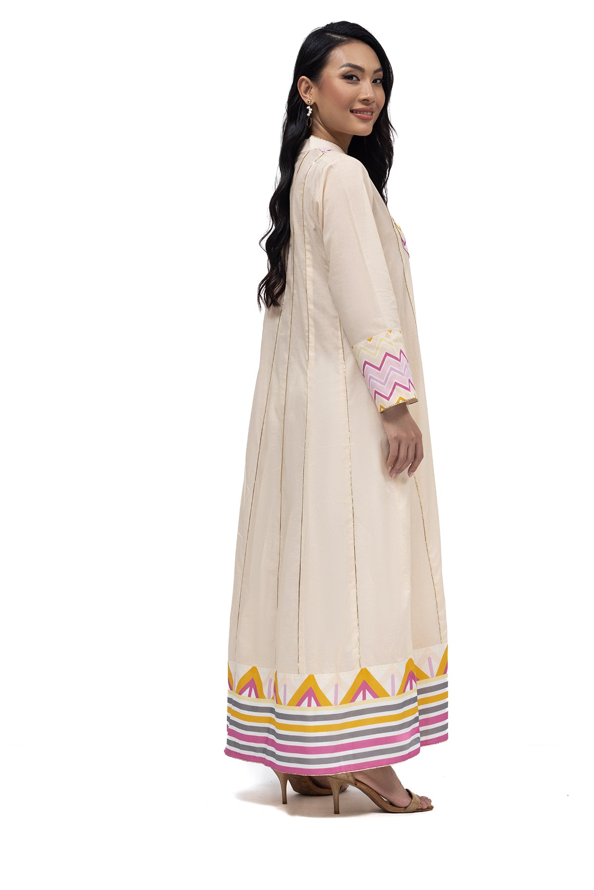 PE22-14-Band Neckline Printed Long Dress 1PC