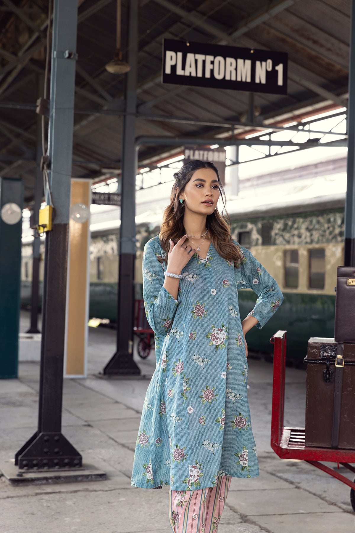 PE22-22-Printed Paneled Kurta With Trousers 2PC
