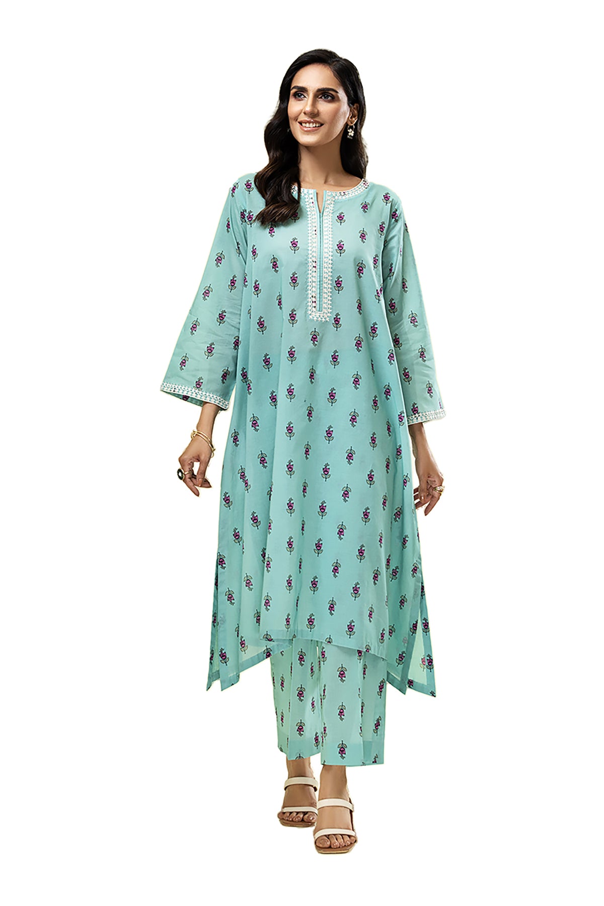 PE22-46-Printed Embroidered Shirt With Straight Trousers 2PC