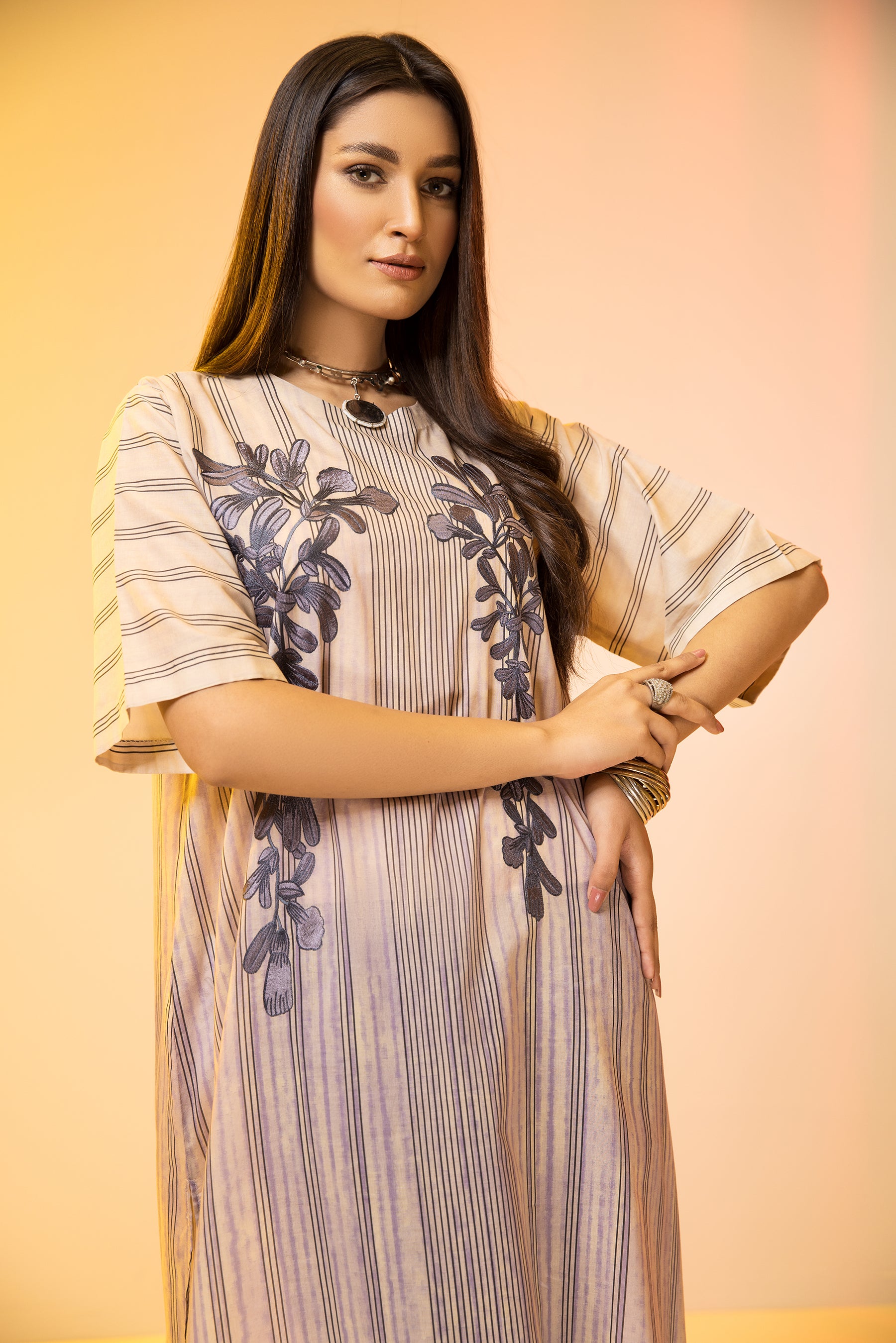 PE22-76-Round Neck Printed Embroidered Shirt 1PC