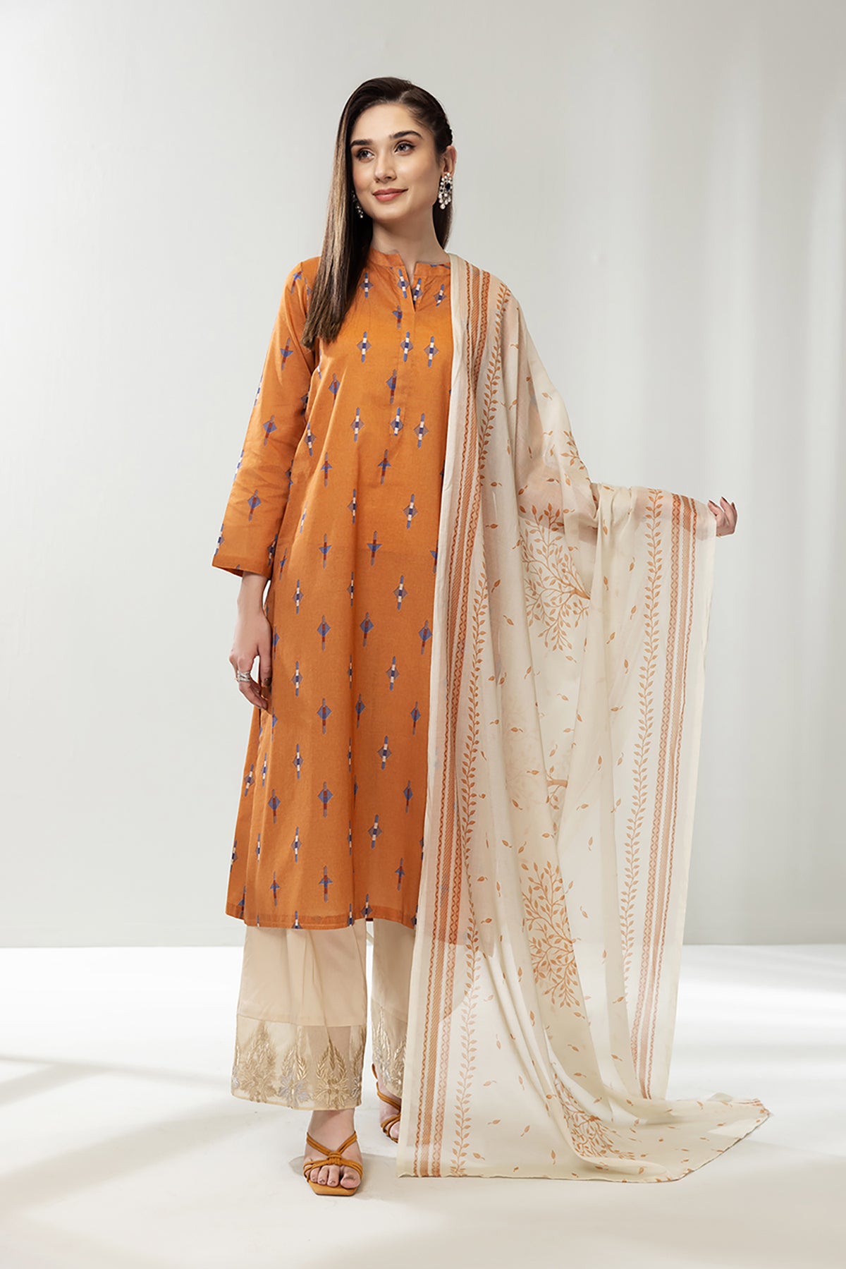 PE22-95-Band Neck Printed Shirt with Dupatta 2PC