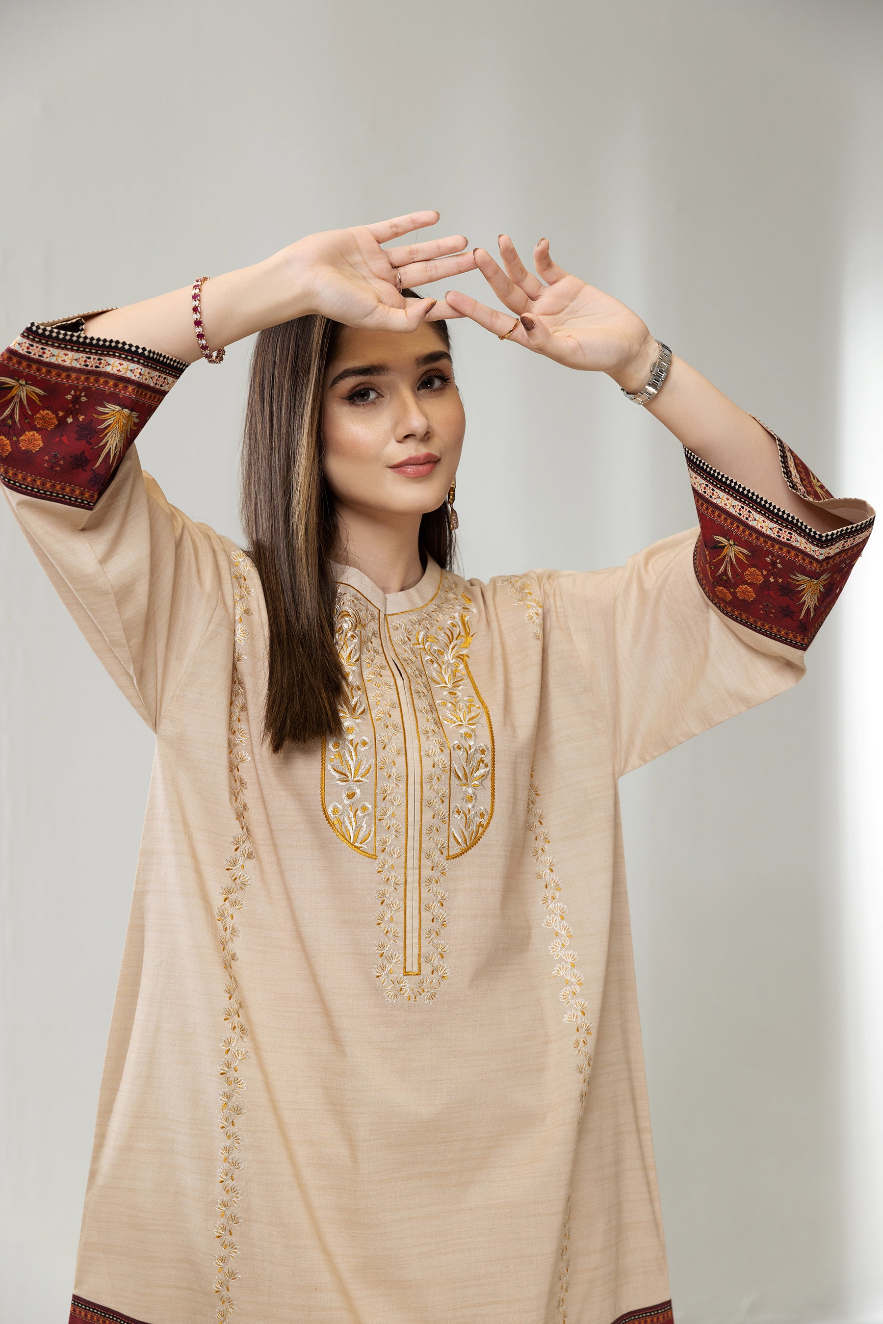 PE22-98-Printed Embroidered Kurta 1PC