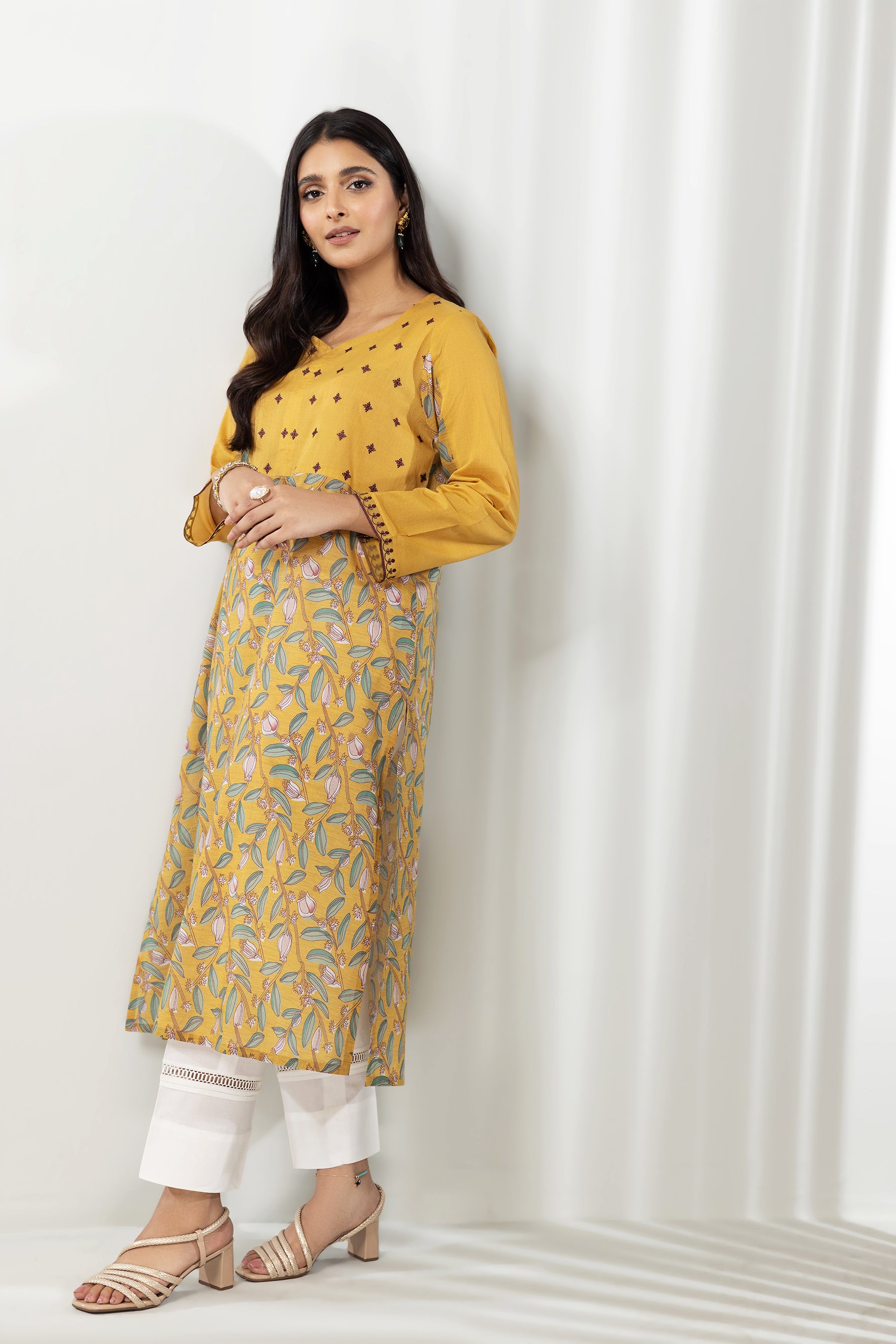 PE22-99-Printed Embroidered Long Shirt 1PC