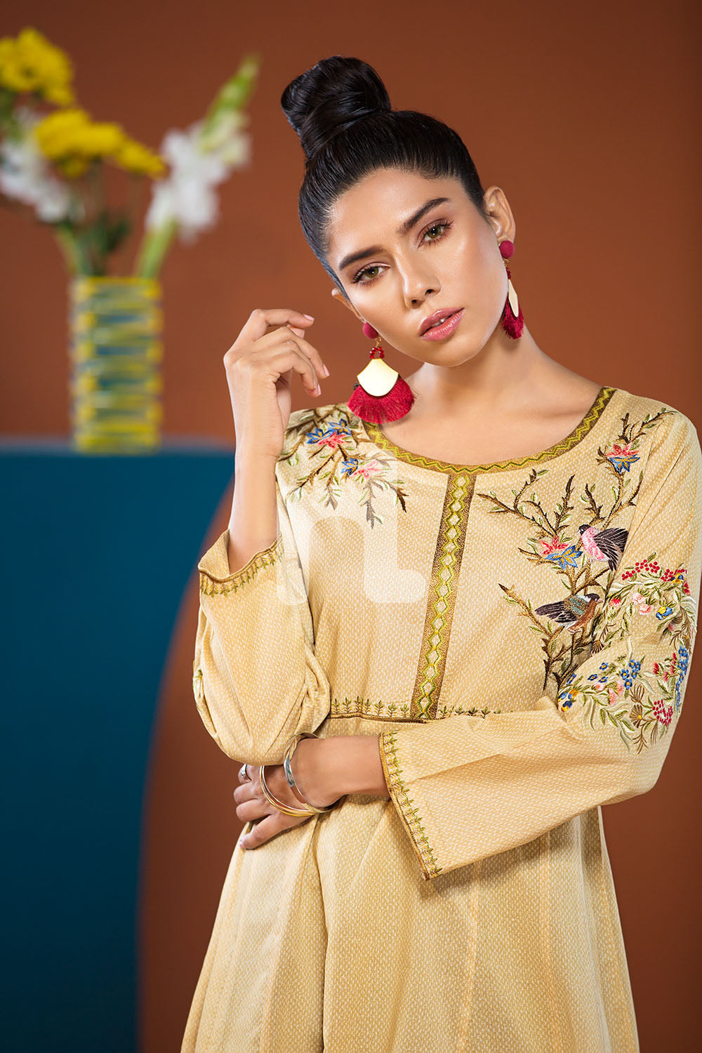 PS19-112 Yellow Textured Embroidered Stitched Shirt - 1PC - Nishat Linen UAE
