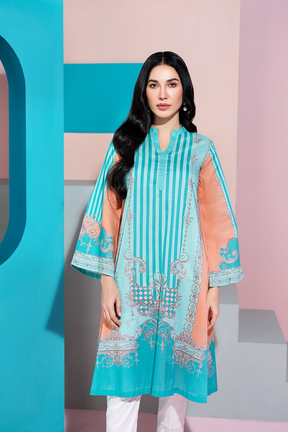 PS20-196-A Line Orange & Aqua Shirt-1PC