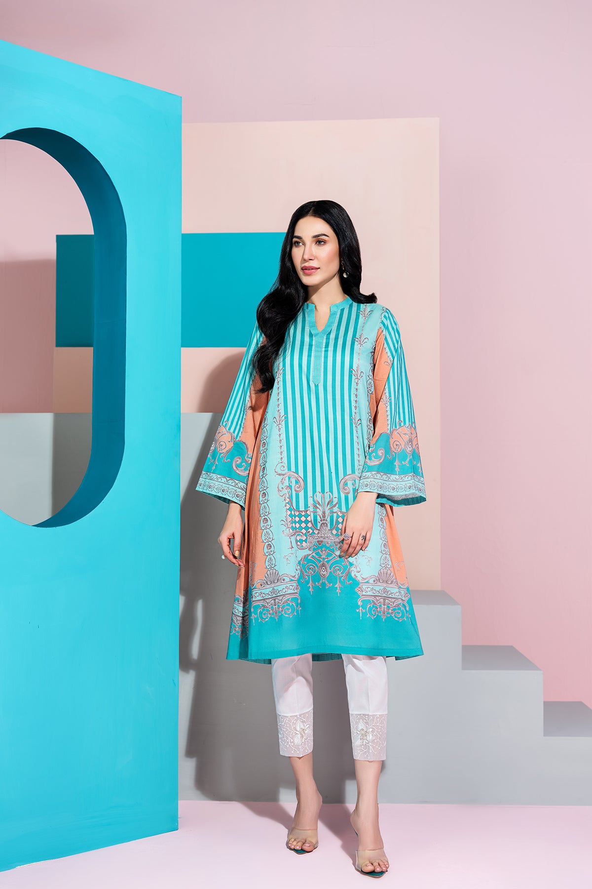 PS20-196-A Line Orange & Aqua Shirt-1PC