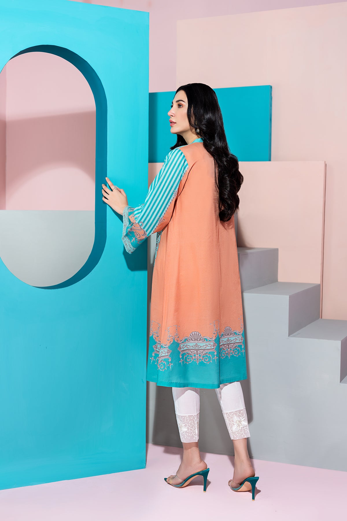 PS20-196-A Line Orange & Aqua Shirt-1PC