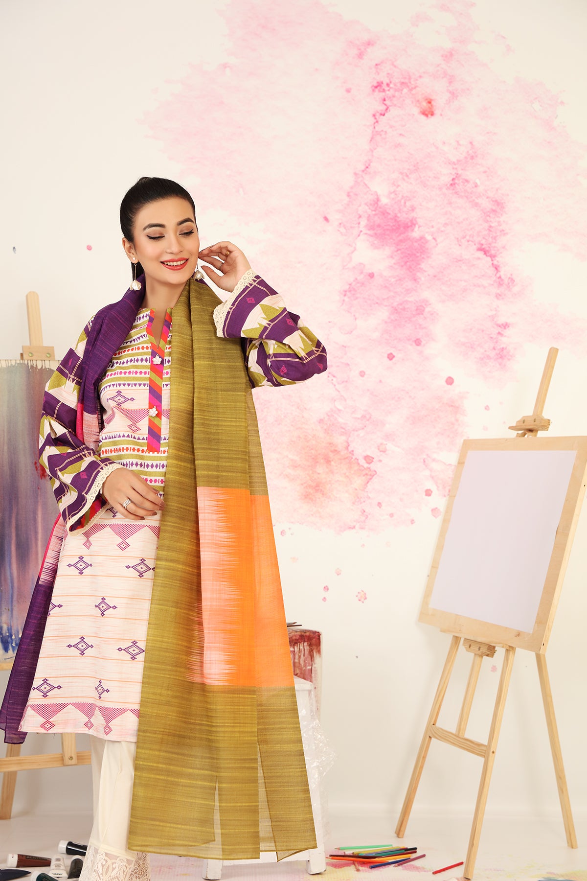 PS21-45-Printed Lawn Shirt With Fine Slub Net Dupatta-2Pc