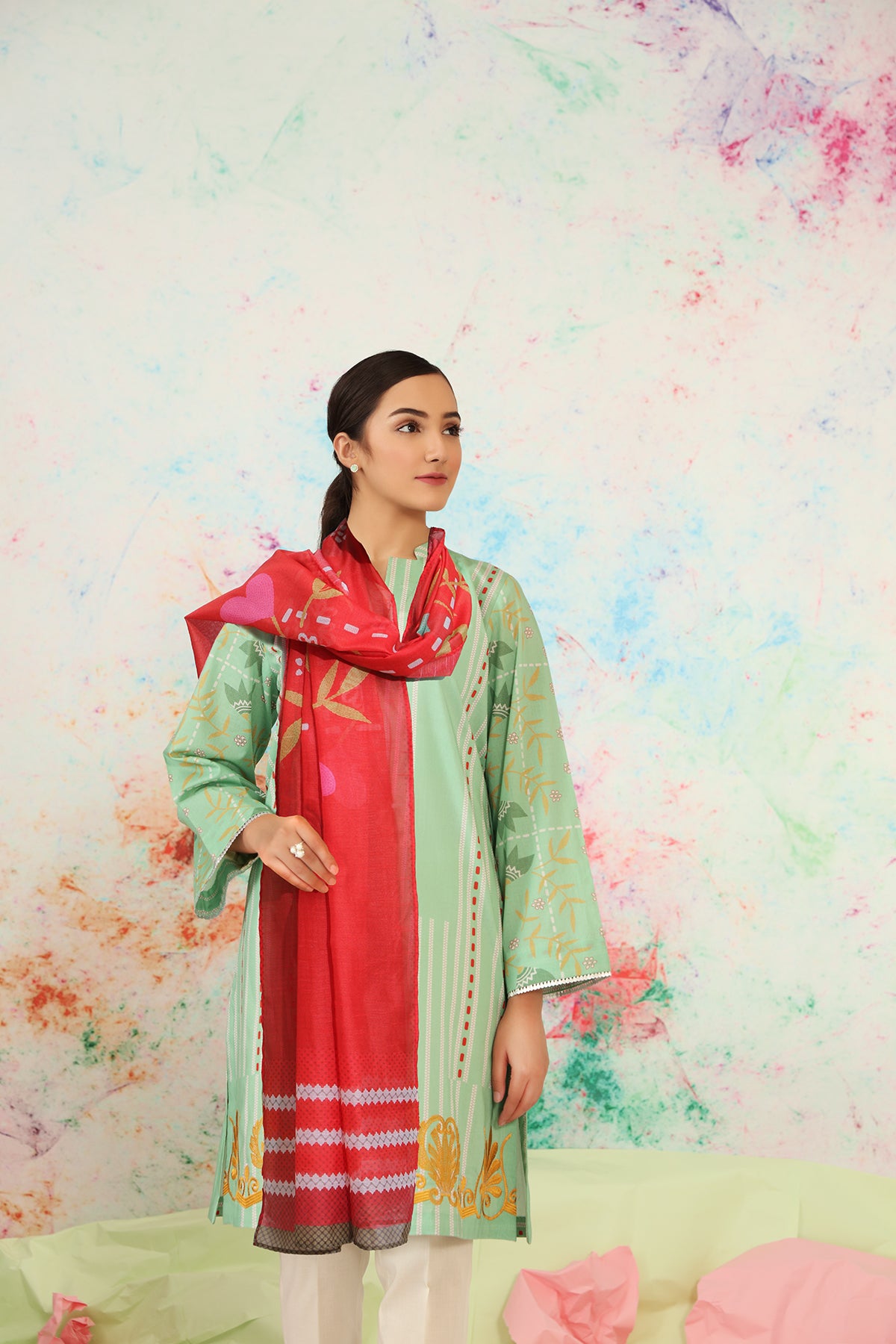 PS21-65-Printed Lawn Shirt With Fine Slub Net Dupatta-2Pc