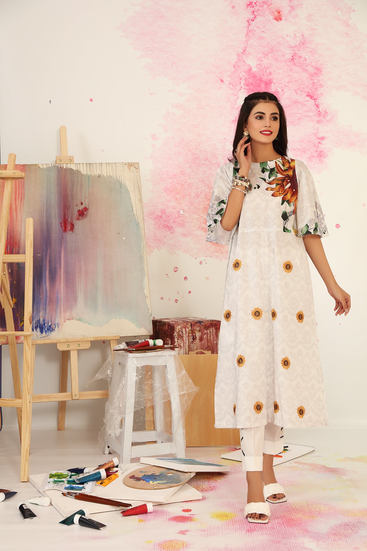 PS21-79-Modern Print & Embroidered Shirt -1PC