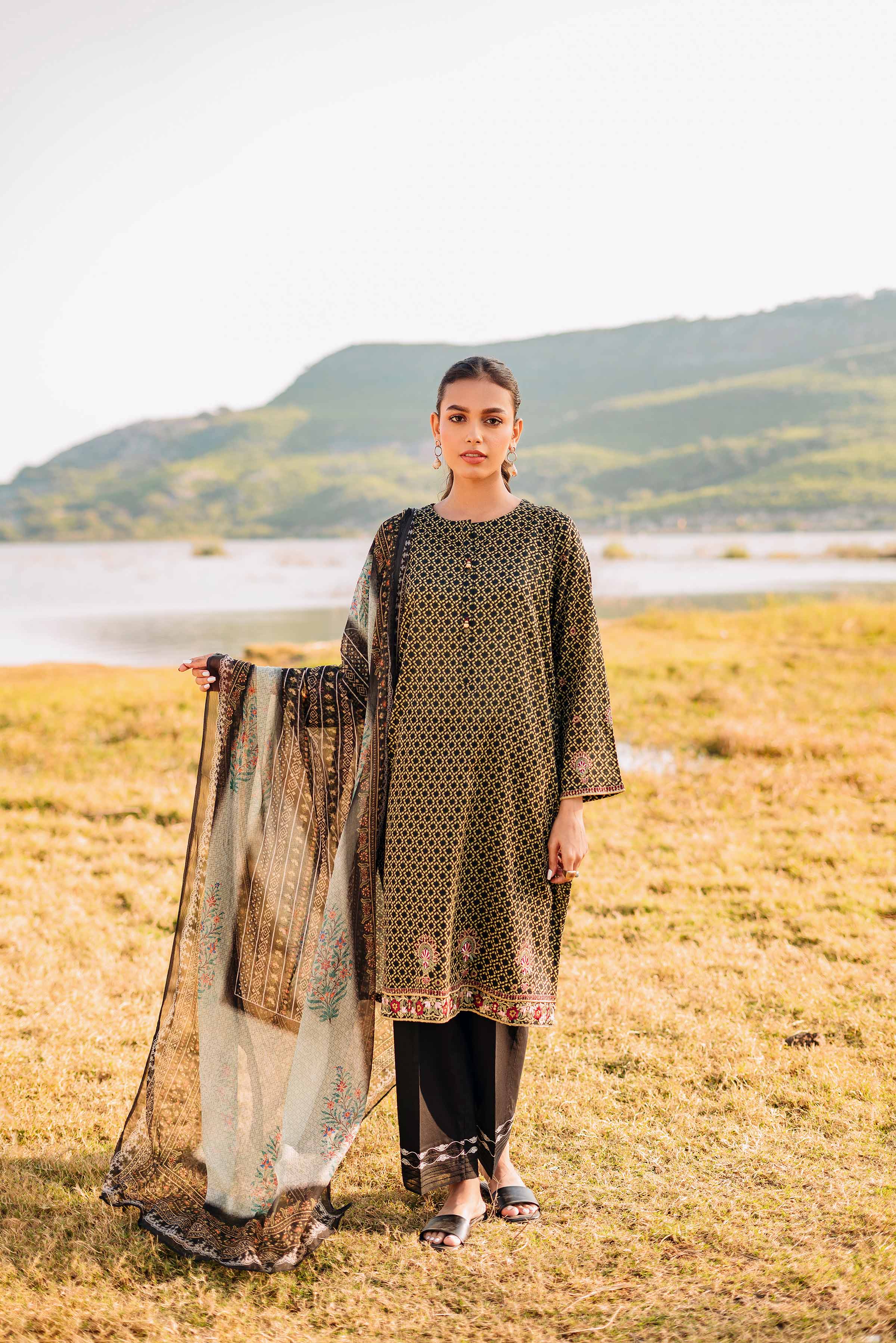 2 Piece - Printed Embroidered Suit - PS23-138