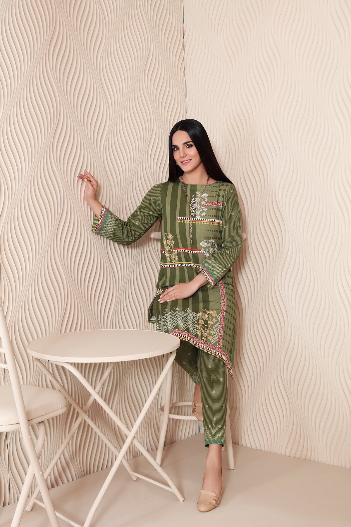 PW20-58 Printed Stitched Cotton Karandi Shirt & Trouser with Mask- 2PC