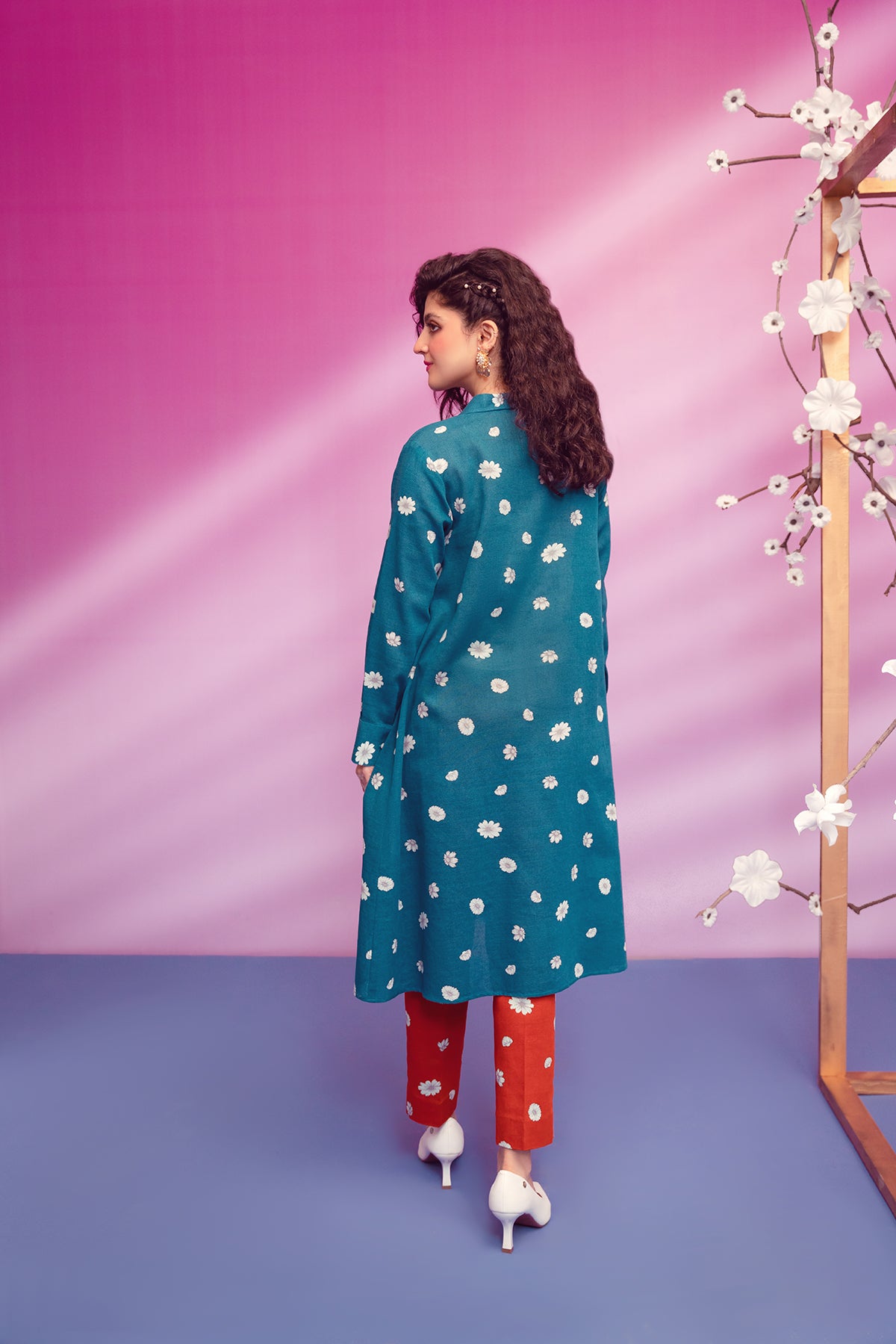 PW22-179-Printed Flared Shirt with Trousers 2PC