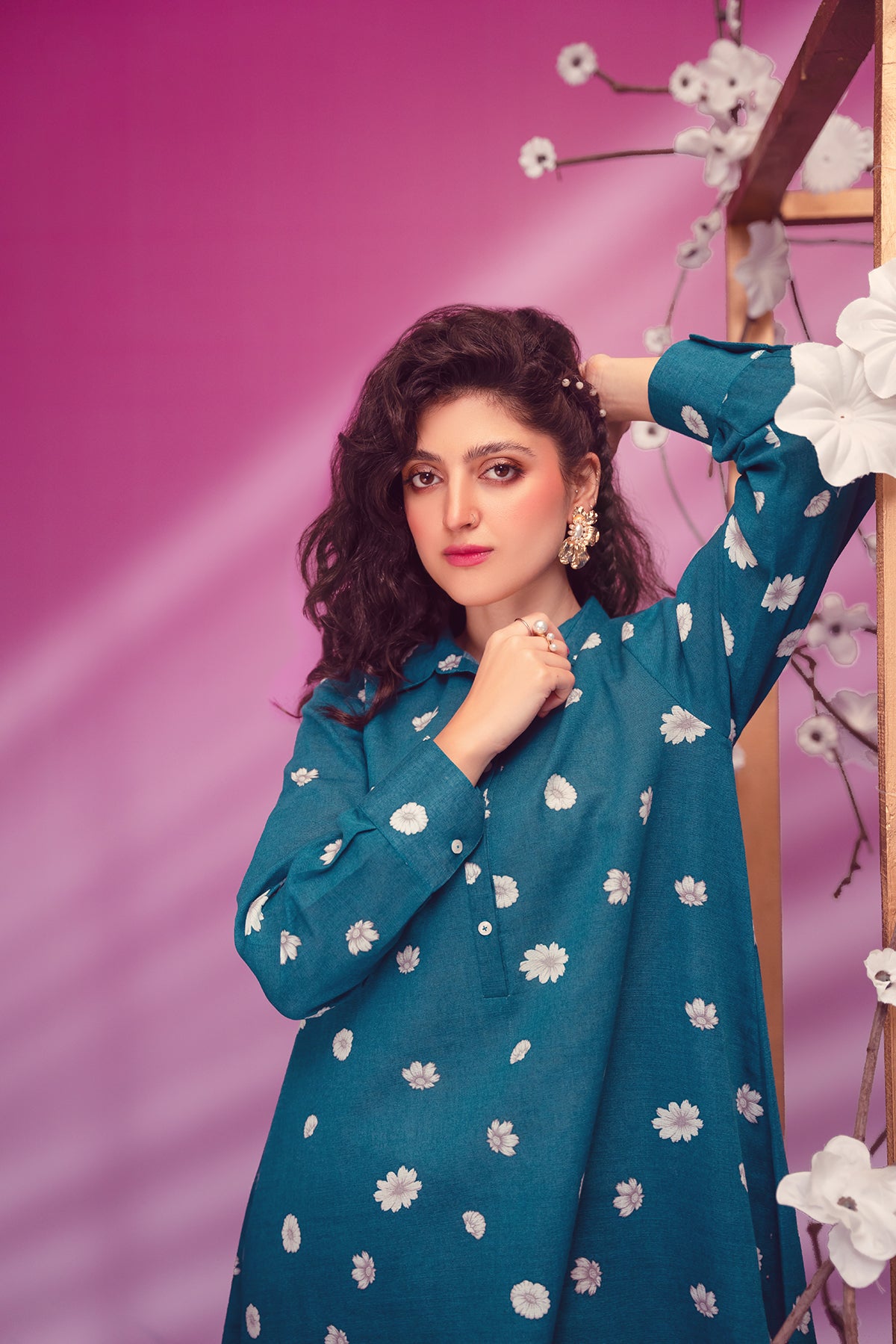 PW22-179-Printed Flared Shirt with Trousers 2PC