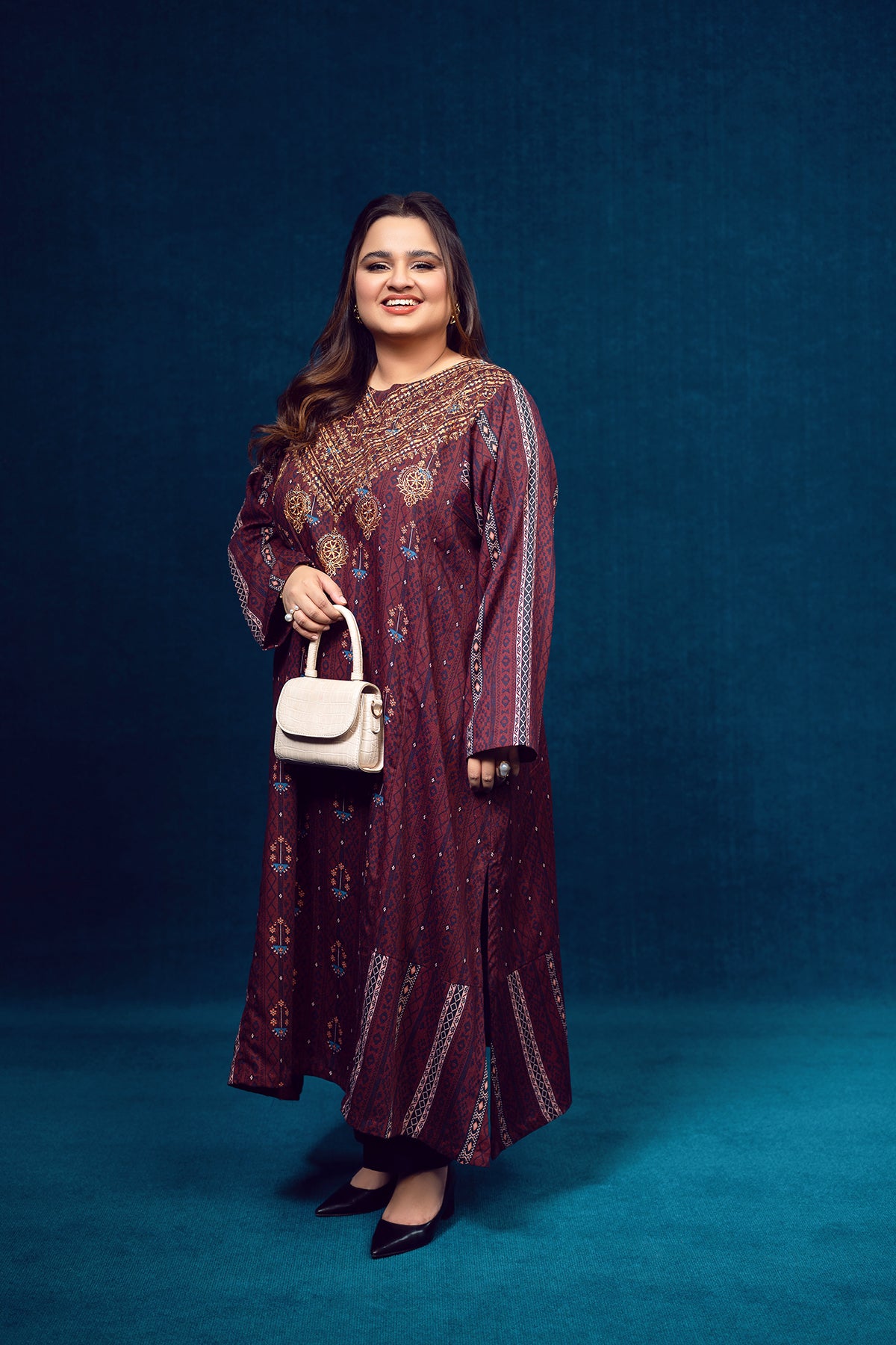 PW22-53-Printed Embroidered Paneled Shirt 1PC