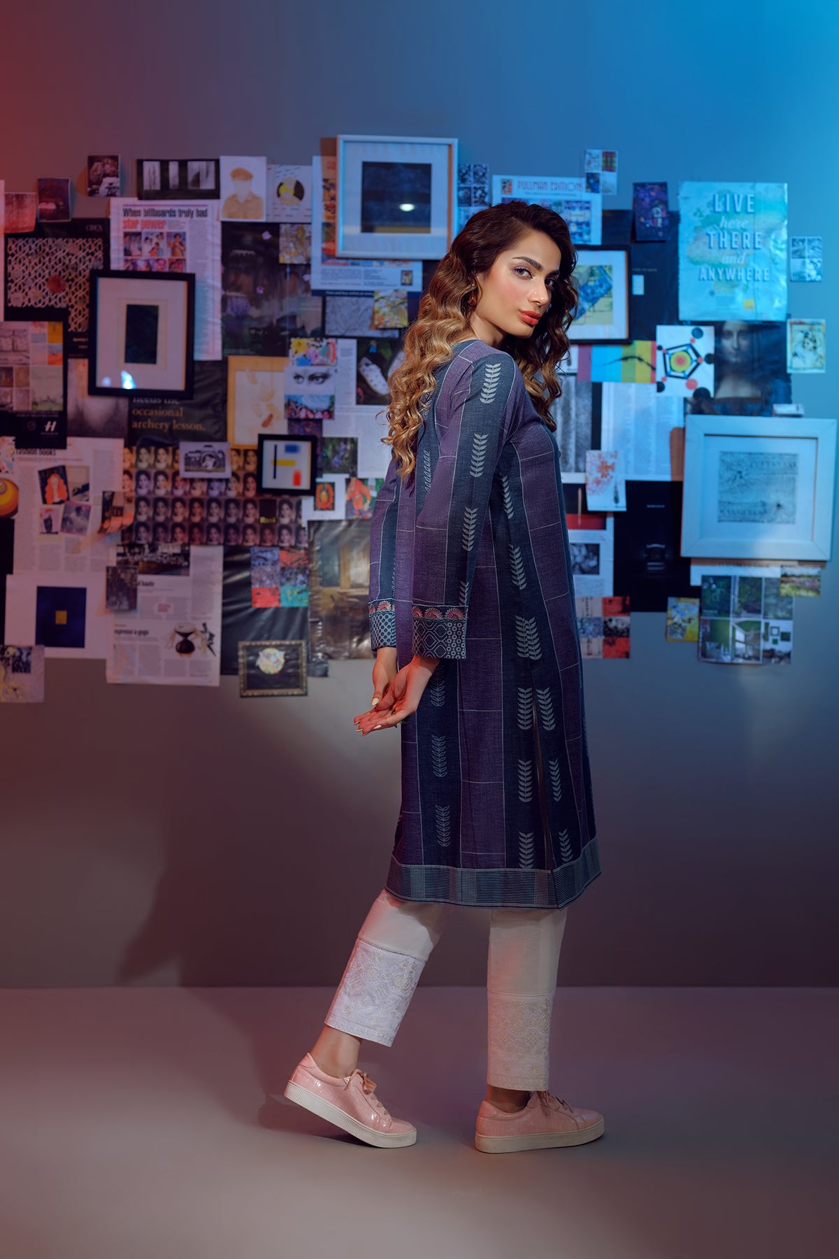 PW22-95-Printed Embroidered Straight Shirt 1PC