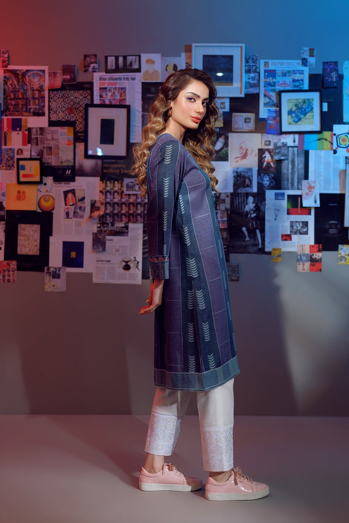 PW22-95-Printed Embroidered Straight Shirt 1PC