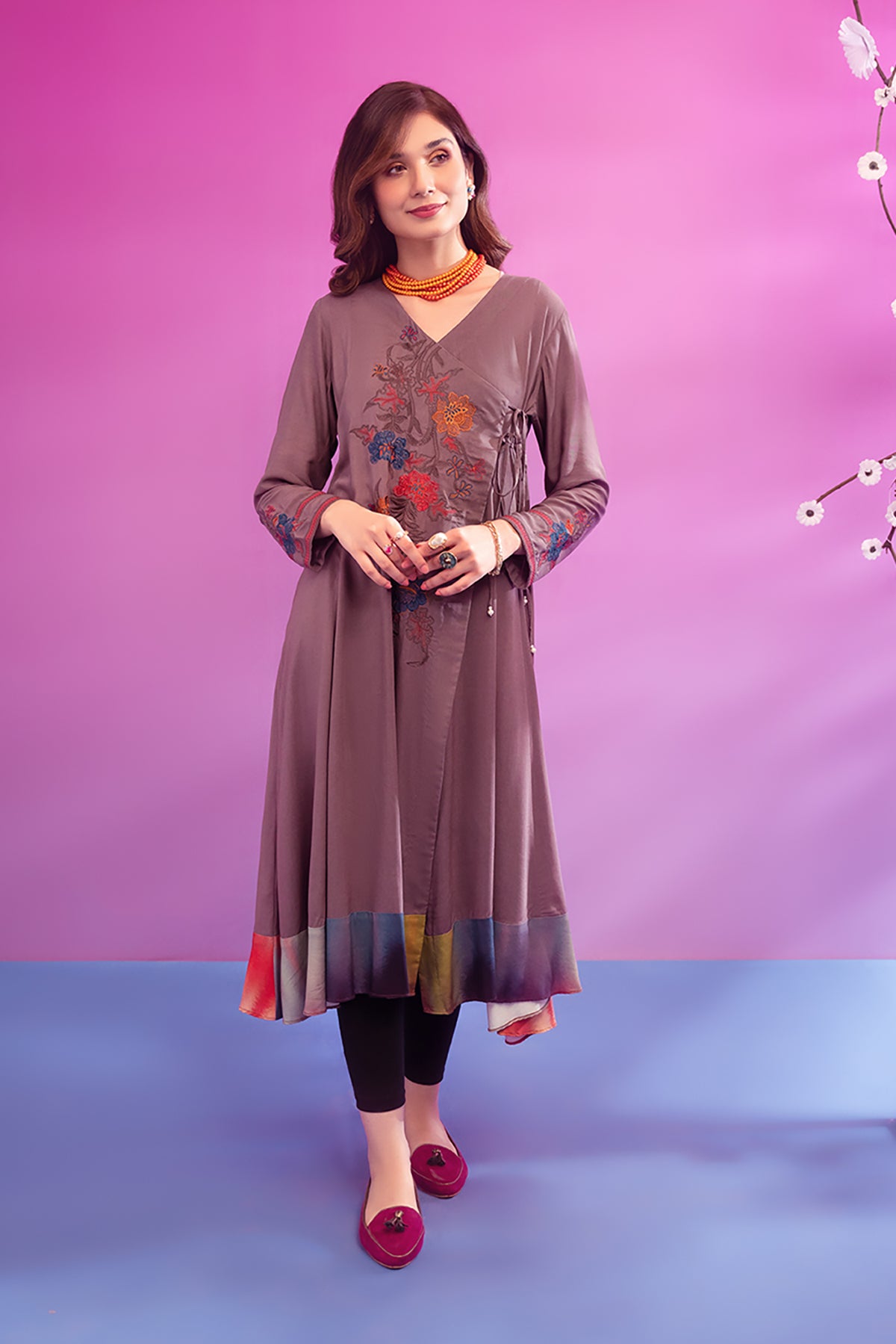 PW22-96-Angrakha Style Printed Embroidered Shirt 1PC