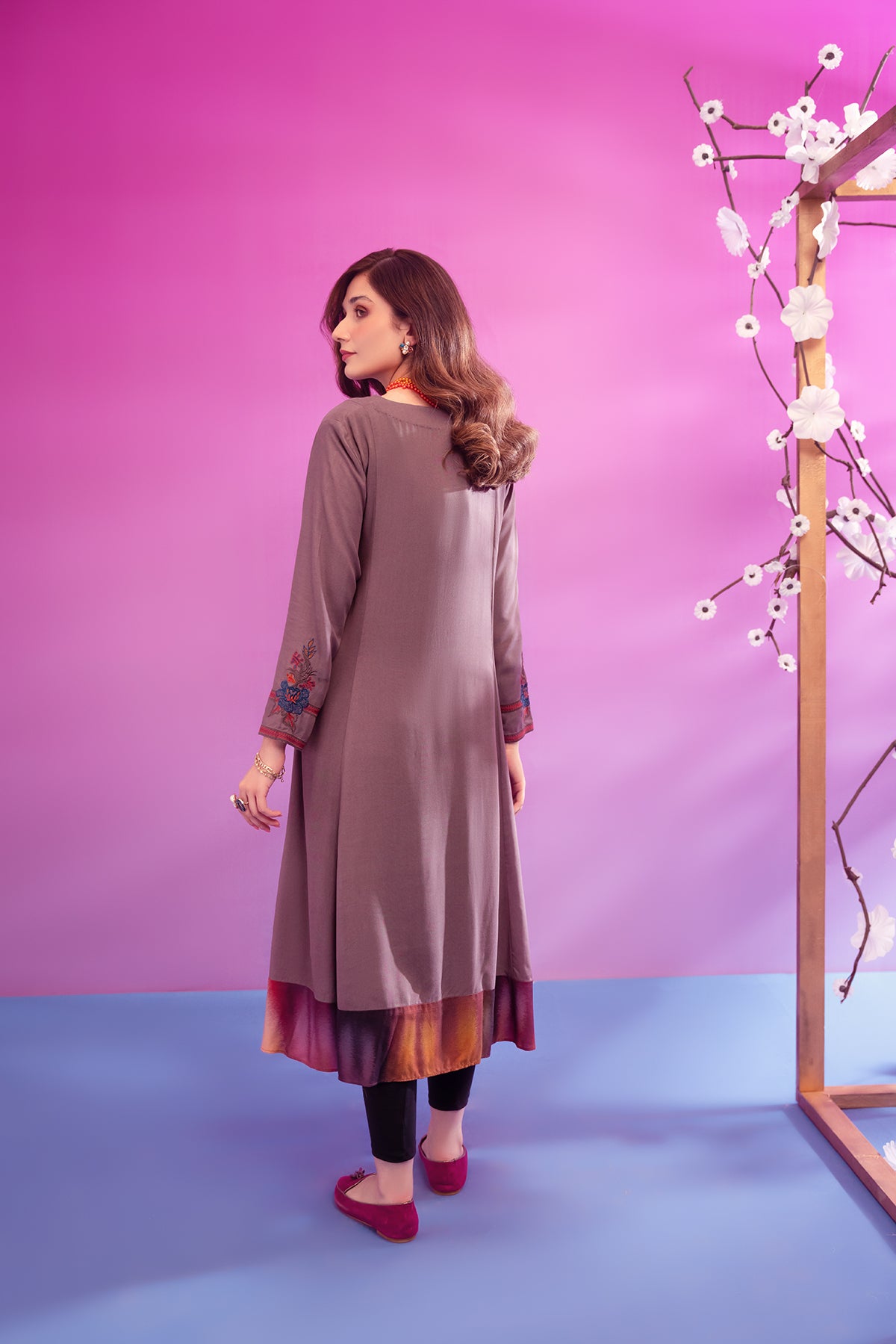 PW22-96-Angrakha Style Printed Embroidered Shirt 1PC