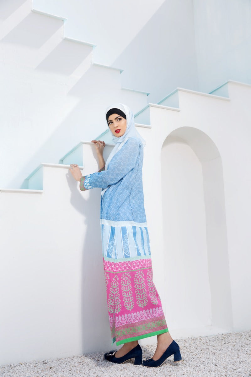 DE18-31 Blue Digital Printed Stitched Lawn Jalabiya - Nishat Linen UAE