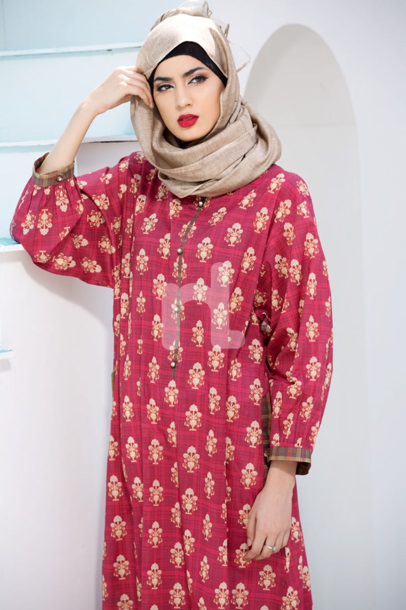 DE18-09 Red Digital Printed Stitched Lawn Jalabiya - Nishat Linen UAE