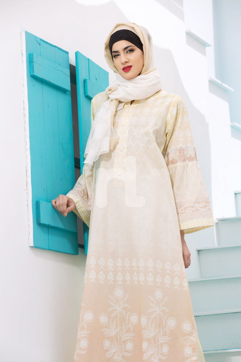 DE18-10 Yellow Digital Printed Stitched Cambric Jalabiya - Nishat Linen UAE