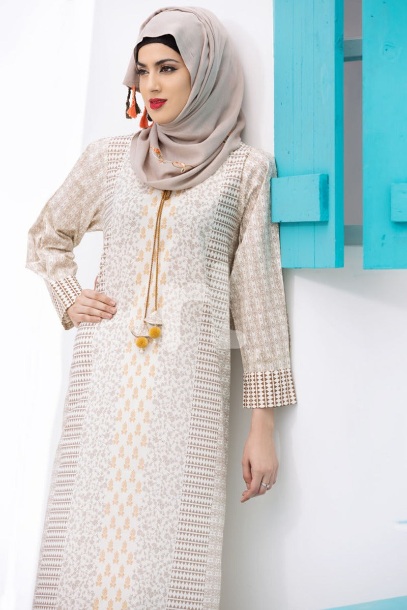 DE18-11 Beige Digital Printed Stitched Cambric Jalabiya - Nishat Linen UAE