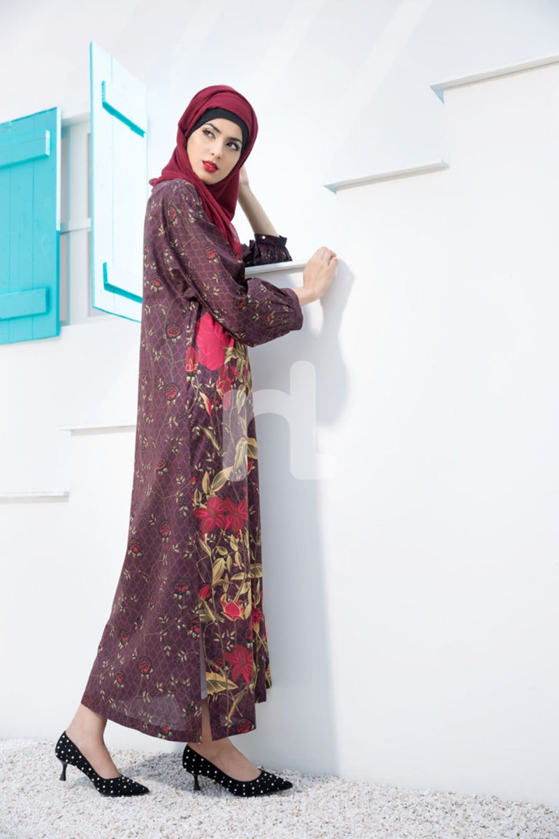 DE18-15 Maroon Digital Printed Stitched Lawn Jalabiya - Nishat Linen UAE