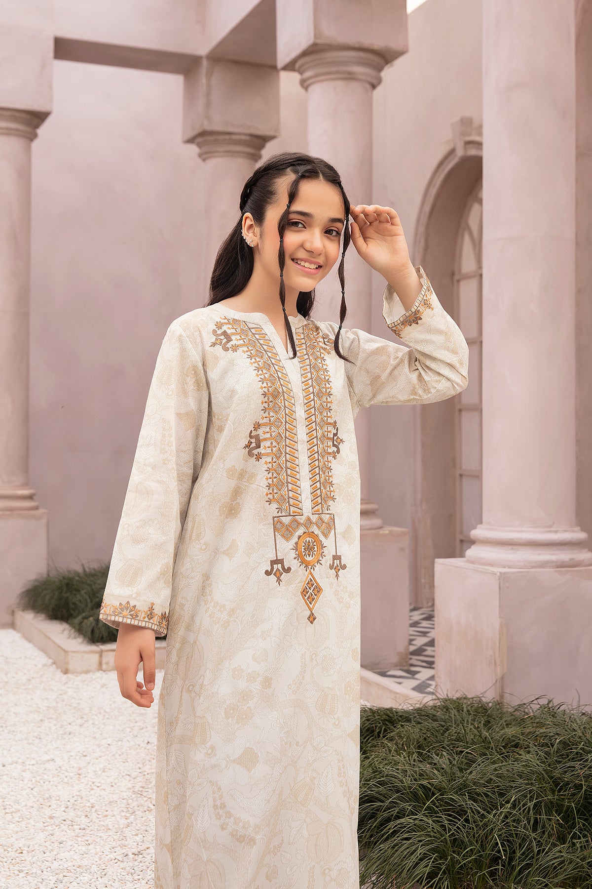 DE22-24-Organza Detailing Printed Embroidered Fustaan 1PC