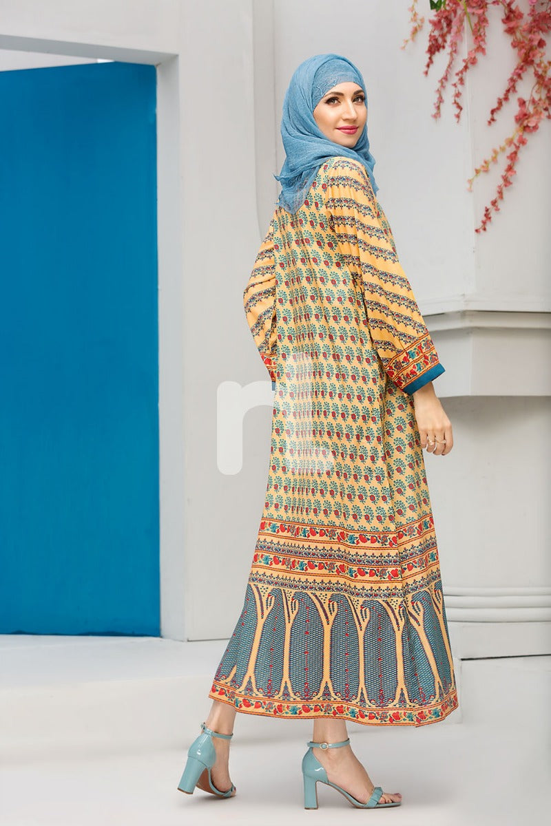 DS18-55 Yellow Printed Stitched Jalabiya - 1PC - Nishat Linen UAE