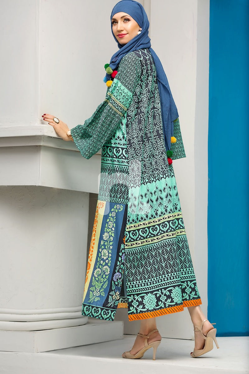 DS18-65 Green Digital Printed Stitched Jalabiya - 1PC - Nishat Linen UAE