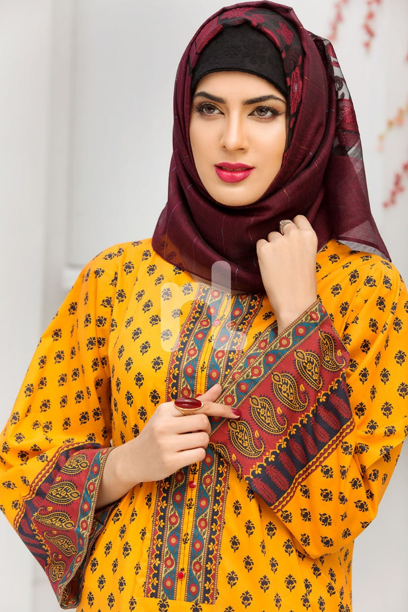 DS18-81 Yellow Digital Printed Stitched Jalabiya - 1PC - Nishat Linen UAE