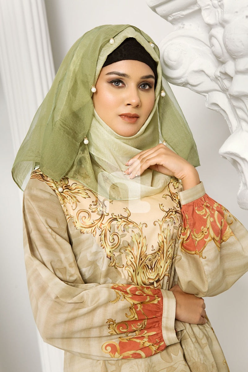 DS19-168 Beige Printed Stitched Lawn Jalabiya - 1PC - Nishat Linen UAE